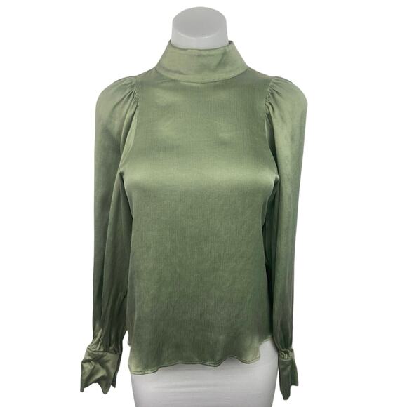 H&M NWT Olive Green Satin Mock Neck Puff Sleeve Back Keyhole Blouse Top Size 2 - Picture 1 of 4